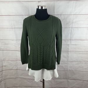 Layered Cotton Cable-Knit Sweater Pullover Large 10 Green Olive Tunic Army Camo